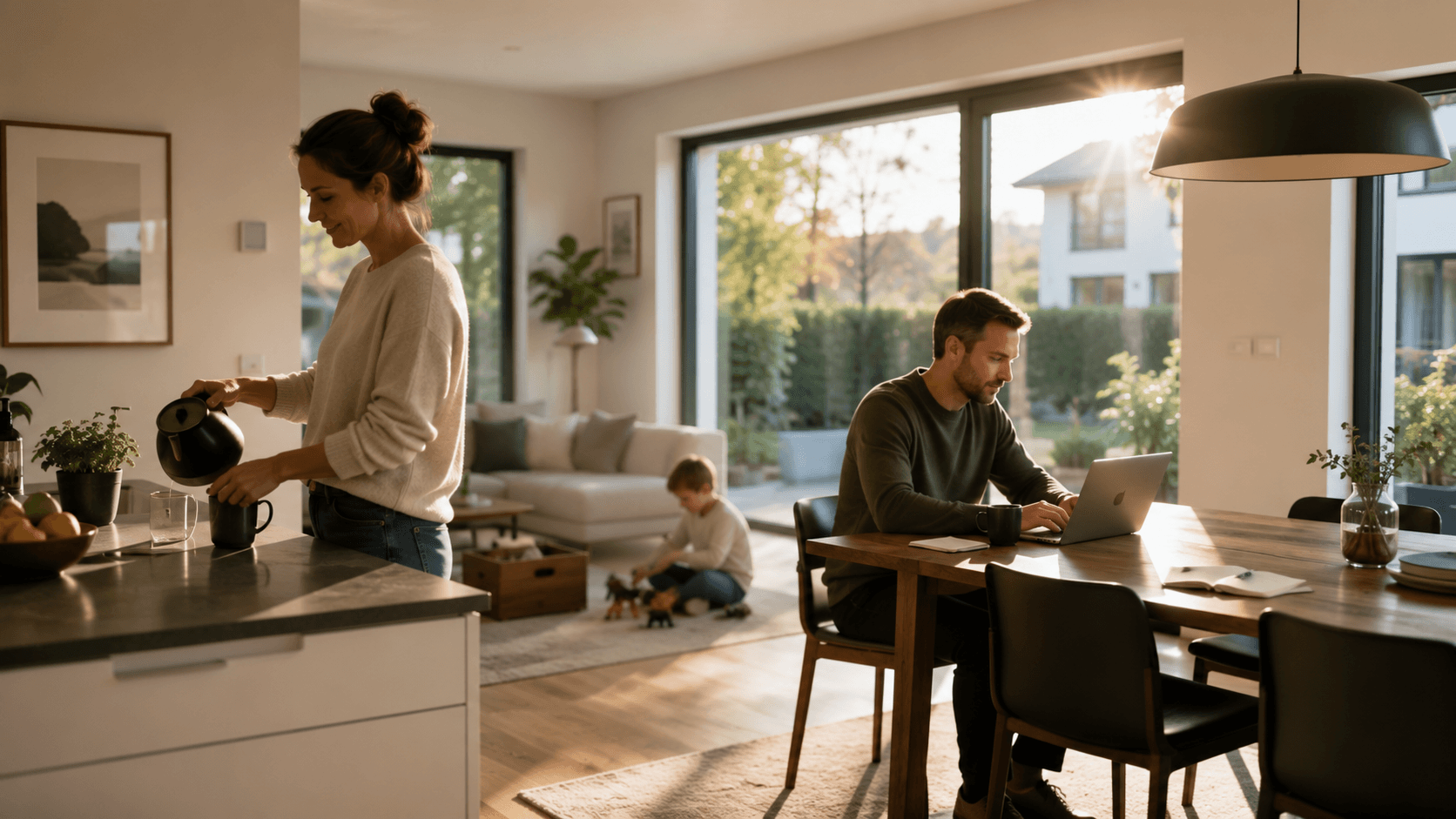 Familie gestaltet ihren Alltag in einem hellen modernen Zuhause.